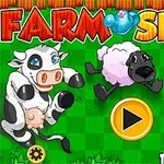 Kreskówkowa krowa, owca i koń na zielonym tle z dużym przyciskiem play na dole oraz napisem powyżej