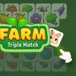 Ekran z układem obrazków przedstawiających kolorowe owoce, warzywa i zwierzęta z tytułem Farm Triple Match na zielonym tle