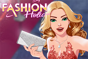 Blond kobieta w czerwonej sukni trzymająca srebrną kopertówkę na tle napisu Fashion Holic
