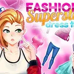 Dwie postacie kobiece z elementami mody, takimi jak ubrania i akcesoria, na różowym tle z dużym napisem Fashion Superstar Dress Them