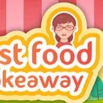 Logo z napisem fast food takeaway z ilustracją kobiety w okularach na tle z różowymi paskami