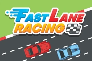 Niebieski i czerwony samochód wyścigowy na asfalcie z szachownicą w tle zielonego trawnika i napisem Fast Lane Racing