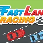 Niebieski i czerwony samochód wyścigowy na asfalcie z szachownicą w tle zielonego trawnika i napisem Fast Lane Racing