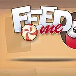 Napis Feed Me z czerwono-białym cukierkiem i postacią z dużymi oczami na beżowym tle