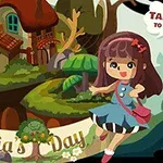 Dziewczynka w niebieskiej sukience i torebce, obok uśmiechniętej sowy, na tle fantastycznego lasu z domkiem, z napisem Felicias Day