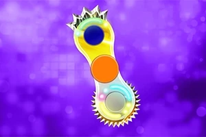 Kolorowy emblemat z trzema okręgami i ząbkowanymi krawędziami na fioletowym tle