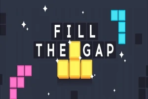 Na ciemnym tle znajduje się kolorowy tekst FILL THE GAP otoczony przez różowe, niebieskie i żółte klocki z gwiazdkami wokół