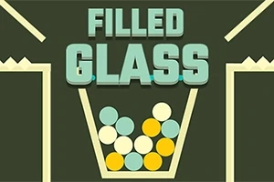 Napis FILLED GLASS nad szklanką wypełnioną kolorowymi kulkami na ciemnym tle