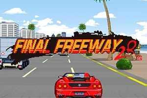 Czerwony sportowy samochód na autostradzie w otoczeniu palm, z napisem FINAL FREEWAY 2R na górze