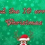 Tekst Find the 10 errors Christmas na zielonym tle z wzorem płatków śniegu, z motywem renifera