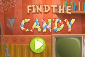 Napis Find the Candy z kolorowych cukierków na tle pokoju z pajęczyną, półką z książkami i starym telewizorem