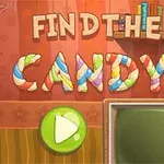 Napis Find the Candy z kolorowych cukierków na tle pokoju z pajęczyną, półką z książkami i starym telewizorem