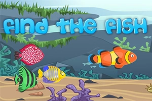 Podwodna scena z kolorowymi rybami i napisem Find the Fish