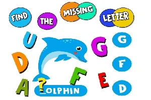 Delfin otoczony kolorowymi literami z brakującą literą w słowie DOLPHIN