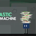 Niebieski prostokątny robot z płytami z jedzeniem, obok biało-zielonego napisu na ciemnym tle