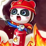 Panda strażak w czerwonym hełmie i ubraniu gasi ogień gaśnicą, otoczony płomieniami