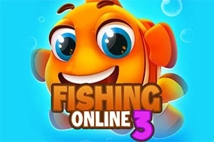 Pomarańczowa, uśmiechnięta rybka z dużymi oczami na niebieskim tle z bąbelkami oraz tekst FISHING ONLINE 3