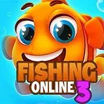Pomarańczowa, uśmiechnięta rybka z dużymi oczami na niebieskim tle z bąbelkami oraz tekst FISHING ONLINE 3