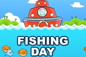 Czerwony statek na morzu z napisem FISHING DAY oraz rybami pływającymi dookoła
