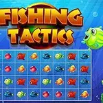 Kolorowe ryby na planszy z tytułem Fishing Tactics w podwodnym tle