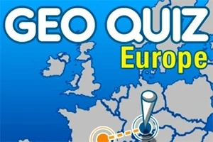 Napis GEO QUIZ Europe na tle mapy Europy z zaznaczonymi granicami państw