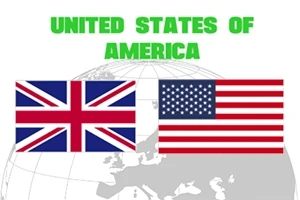 Flagi Wielkiej Brytanii i Stanów Zjednoczonych na tle konturów mapy świata z zielonym napisem United States of America