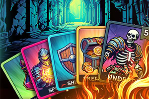 Karty z kolorowymi ilustracjami przedstawiające rycerza, tarczę, skarb i szkielet na tle mrocznego korytarza oświetlonego zielonkawym światłem