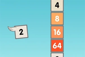 Flappy 2048 Kwadrat z numerem „2” i skrzydłem obok pionowego stosu kolorowych bloków z numerami na niebieskim tle
