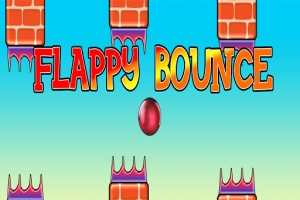 Napisy Flappy Bounce na tle z ceglastymi kolumnami i czerwoną piłką w centrum