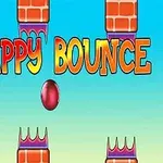 Napisy Flappy Bounce na tle z ceglastymi kolumnami i czerwoną piłką w centrum