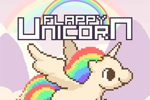 Pixelowy jednorożec z tęczową grzywą i skrzydłami na tle tęczy i różowego nieba z napisem Flappy Unicorn