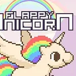 Pixelowy jednorożec z tęczową grzywą i skrzydłami na tle tęczy i różowego nieba z napisem Flappy Unicorn