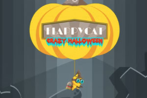 Żółta dynia z napisem Happy Cat Crazy Halloween unosząca się nad postacią kota w kapeluszu na ciemnym tle