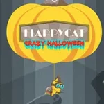 Żółta dynia z napisem Happy Cat Crazy Halloween unosząca się nad postacią kota w kapeluszu na ciemnym tle