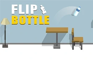 Niebieska butelka w powietrzu obok stołu i krzesła, z lampą po lewej stronie i napisem FLIP BOTTLE