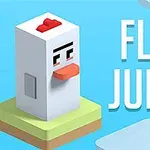 Biała, kanciasta postać przypominająca kurczaka stoi na kolorowej platformie obok napisu FLIP JUMP na niebieskim tle