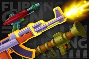 Kolorowe ilustracje trzech broni, w tym futurystyczny pistolet, karabin w trakcie strzału i wyrzutnia rakiet na czarnym tle