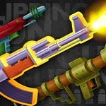 Kolorowe ilustracje trzech broni, w tym futurystyczny pistolet, karabin w trakcie strzału i wyrzutnia rakiet na czarnym tle