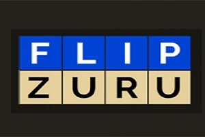 Niebieskie i beżowe kafelki ułożone w dwa rzędy, tworzące słowa FLIP i ZURU