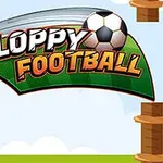 Ilustracja z logo Floppy Football na zielonym tle z piłką nożną i dwoma drewnianymi platformami w tle