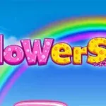 Kolorowy napis flowers na tle tęczy i jasnoniebieskiego nieba z ikoną głośnika w prawym górnym rogu