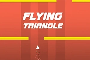 Biały trójkąt leci do góry między żółtymi przeszkodami na tle pomarańczowego ekranu z napisem Flying Triangle
