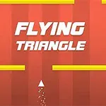 Biały trójkąt leci do góry między żółtymi przeszkodami na tle pomarańczowego ekranu z napisem Flying Triangle