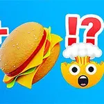 Butelka z napojem, hamburger i emotikon z eksplodującą głową na niebieskim tle