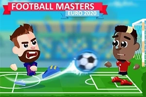 Dwóch kreskówkowych piłkarzy na boisku w akcji z piłką, z napisem Football Masters Euro 2020 na górze