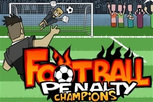 Zawodnik piłkarski strzela rzut karny do bramki z napisem Football Penalty Champions na pierwszym planie
