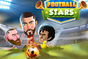 Dwóch piłkarzy z dużymi głowami walczy o piłkę na boisku piłkarskim, z napisem Football Stars w tle