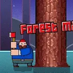 Mężczyzna w niebieskiej koszuli trzymający siekierę przytulony do pnia drzewa z napisem Forest Man na tle lasu