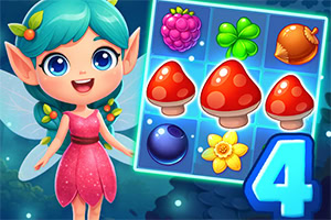 Uśmiechnięta wróżka z turkusowymi włosami obok kolorowej planszy z ikonami owoców, grzybów i kwiatka oraz dużą cyfrą 4