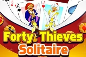Dwie karty do gry z postaciami w orientalnych strojach otoczone monetami i napisem Forty Thieves Solitaire